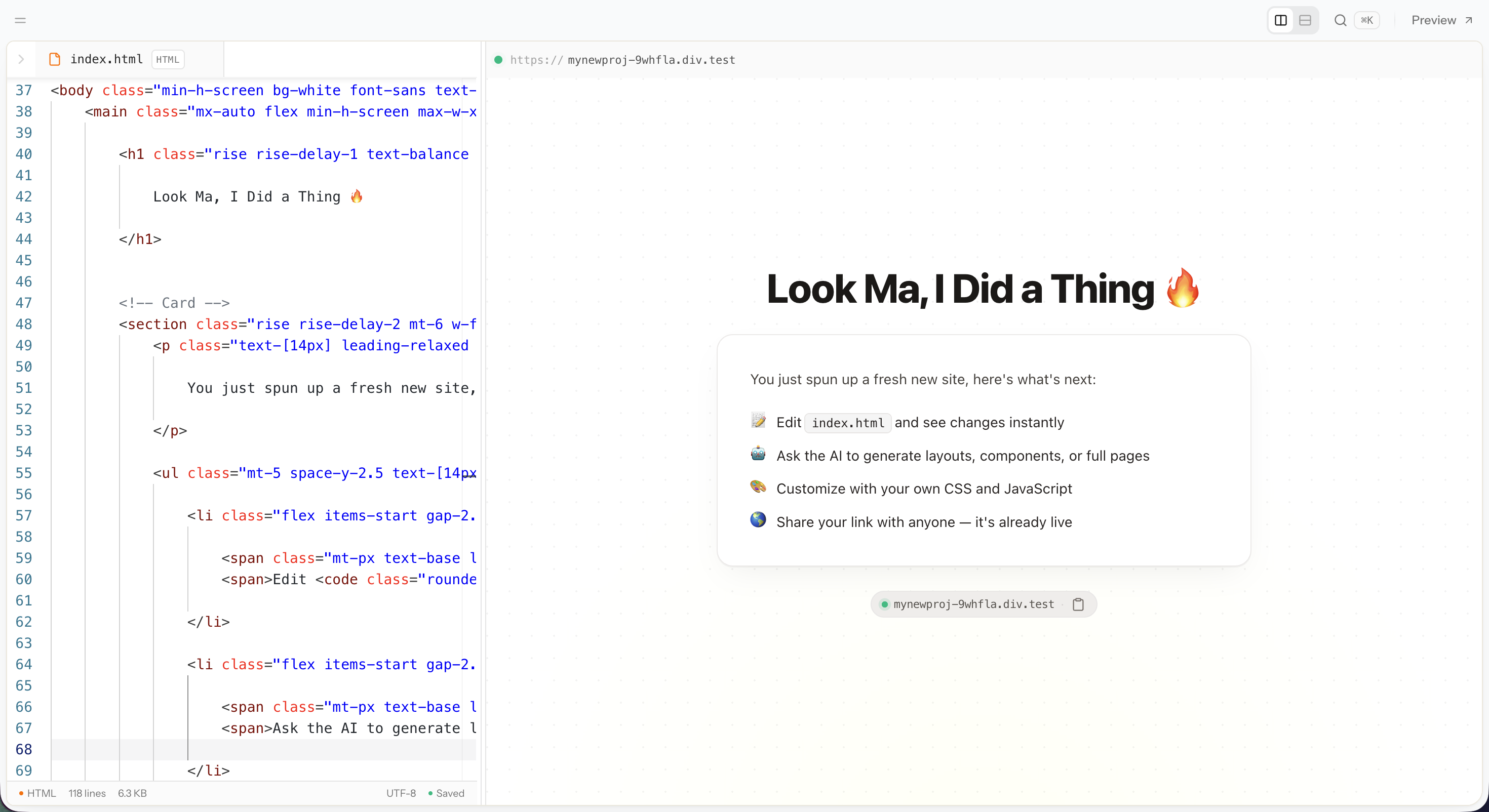 The div editor: file tree on the left, code editor in the middle, live preview on the right.